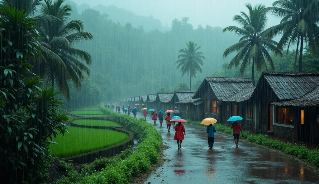Kerala Raining Heavy rain in Kerala village - SeaArt AI