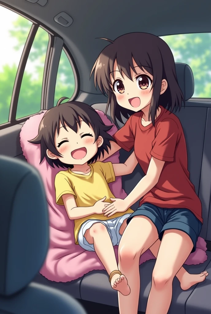Anime style image of a 20 year old girl with very white skin, long and very straight dark brown hair, dark brown eyes, a 20 year old boy with very white skin, dark brown wavy hair, dark brown eyes, The girl is holding a newborn baby, The girl and the boy are in a car