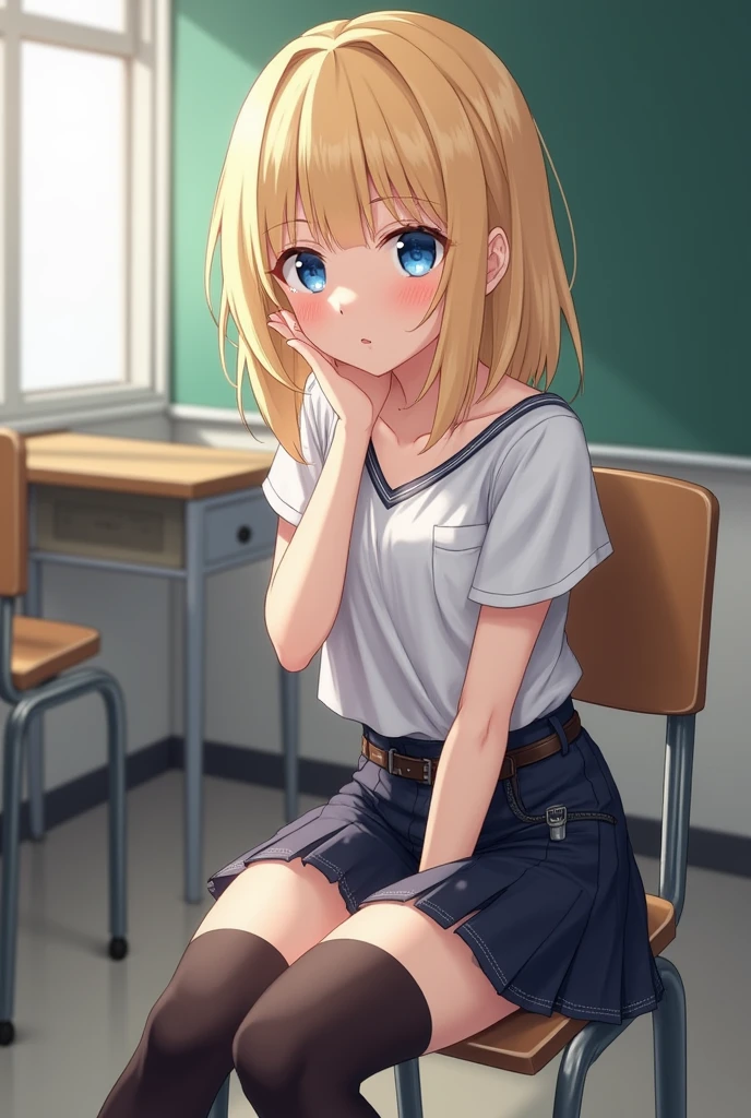 Highest quality,Highest quality,One Girl,One boy,(((()))),Flat Chest,orgasm,blush, Sweat, Sakurai Momoka,blonde,White Sarah Outfit,Navy Blue Skirt, It is not a pleated skirt,whole body,classroom, White Pantyhose、Navy Blue Skirtをめくる、Spread your legs