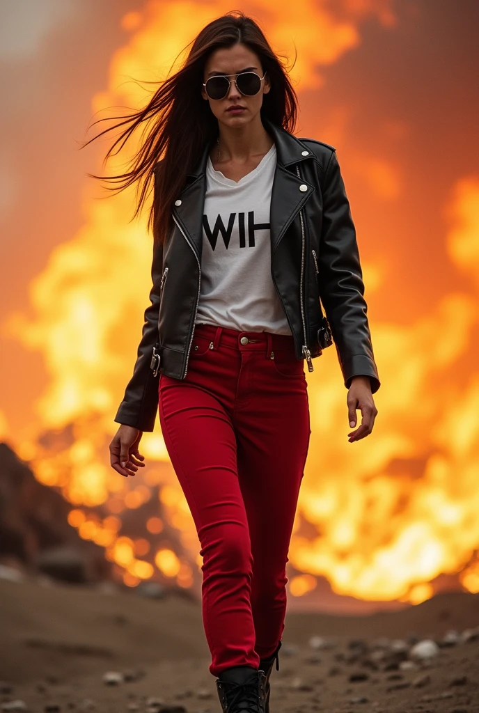 There was a woman standing on the balcony，Wear a fireworks shirt, fires, (Fire), fires in background, Fireworks, wearing tumultus flames, firey, Fire, araki, With fire, with fires and black smoke, fire powers fire swirling, Flames, Short sleeves, inspired by Marina Abramović, [ fireworks in the sky ]!!
