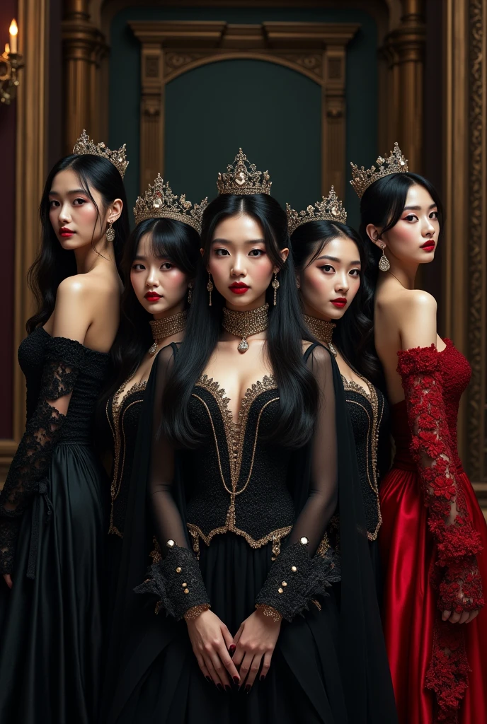 Multiple sexy servant girls kneeling in front of the protagonist princess,Maid skirt and stockings in the background, The protagonist is a noble young princess sitting on a throne wearing a bridal wedding lace dress and stockings, Full body shot, Show off the whole body from head to toe, There are only women on the picture, Background inside the palace, White and even teeth, Makeup, lipstick, Slim body