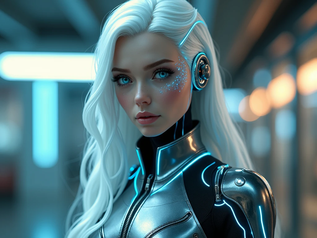 Full body cyber girl with a ponytail. Ariana Grande's face. Bright white color to show she's a cyber girl. white eyebrows. clothing like catsuit. She also has bright blue eyes. The environment is terminator like. Hair is platina. She is lit with the bright blue color on one side of her face. Led like. And both hands have the led light too. <lora:wowifierV3:0.5> <lora:add_detail:0.7>