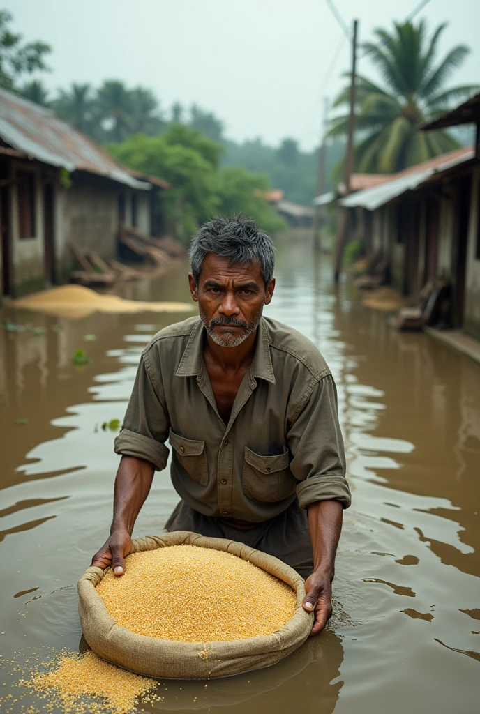 An old Thai man carries things on his head to escape floodwaters in an old house.
