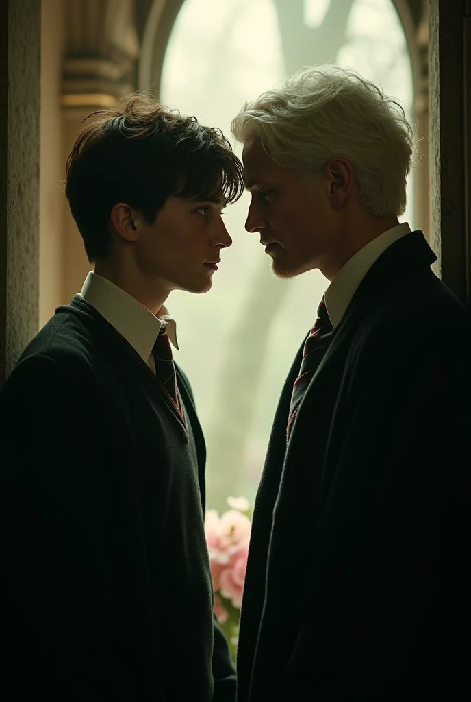 (photorealism:1.2), blonde hair, Draco Malfoy, sitting in an armchair, leaning over him, black hair, Harry Potter, they kiss