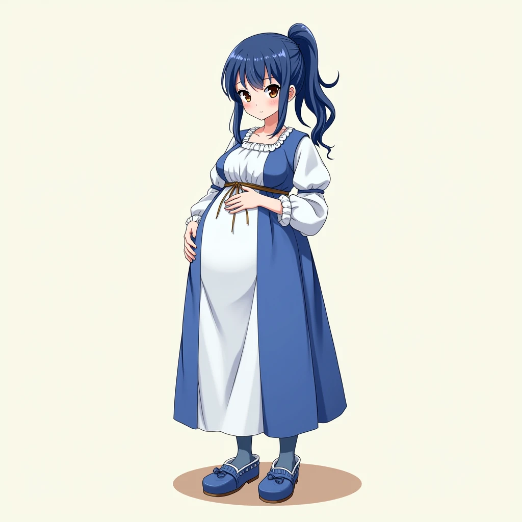 (Top Quality, 8K, High Resolution, Masterpiece: 1.2), Anime Art Style, Shinobu Kocho, 1 Girl, Perfect Face, Perfect Eyes, Soft Expression, Medium Breasts, Purple Hair, Long Hair, Pretty Parted bangs, purple eyes, narrow eyes, ((white dress, white clothes dress, Both shoulders exposed, necklace, earrings, smile, cowboy shot)), viewer appreciation, pregnant
