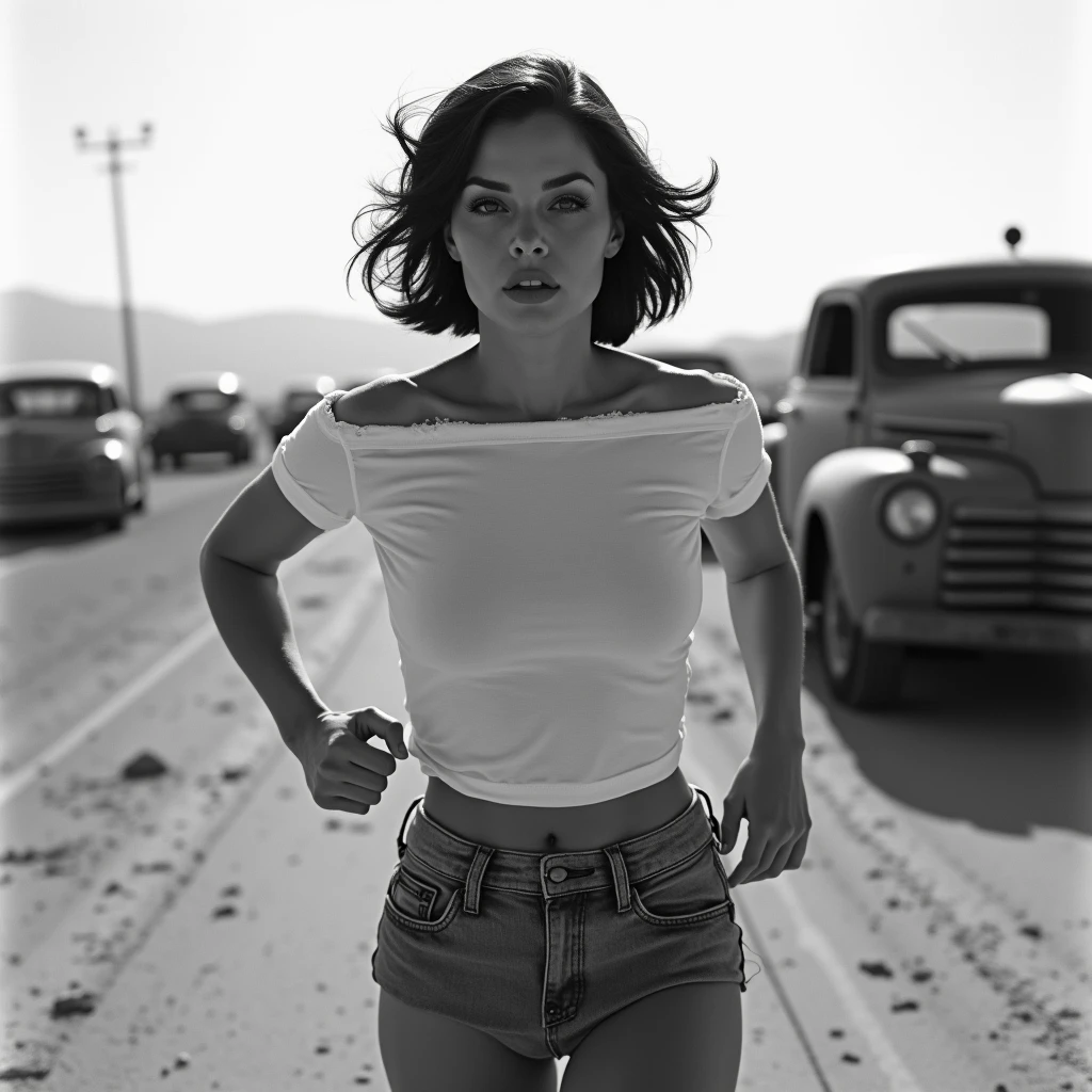 A topless woman in narrow band of denim cutoff shorts at a gas station, rendered in black and white with dramatic lighting and deep shadows, view from side, looking over shoulder, inspired by film noir.