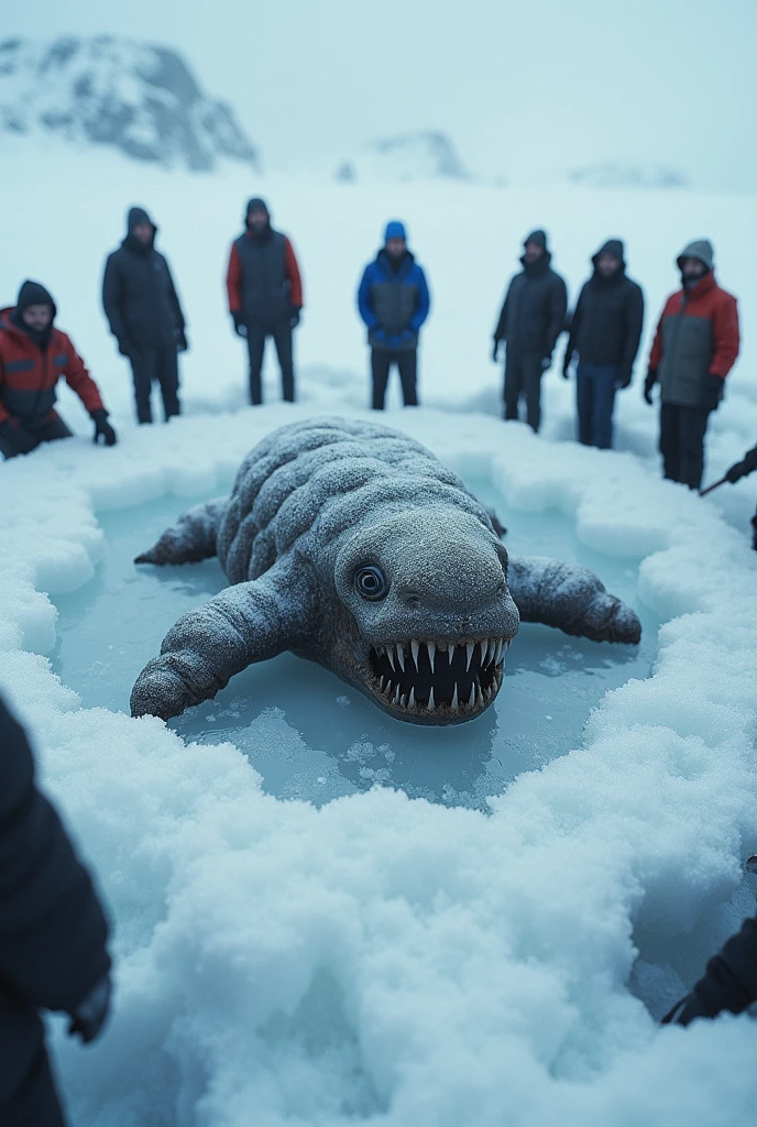 A cold and icy Antarctic-like landscape with a chilling atmosphere. In the center of the scene, a small, strange frozen creature with sharp teeth and an amorphous, alien-like shape lies encased in ice. The creature is surrounded by a group of curious scientists dressed in cold-weather gear, forming a circle around it as they carefully chip away at the ice to study the mysterious being. The scene captures the tension and intrigue of this extraordinary discovery in the harsh, frozen environment