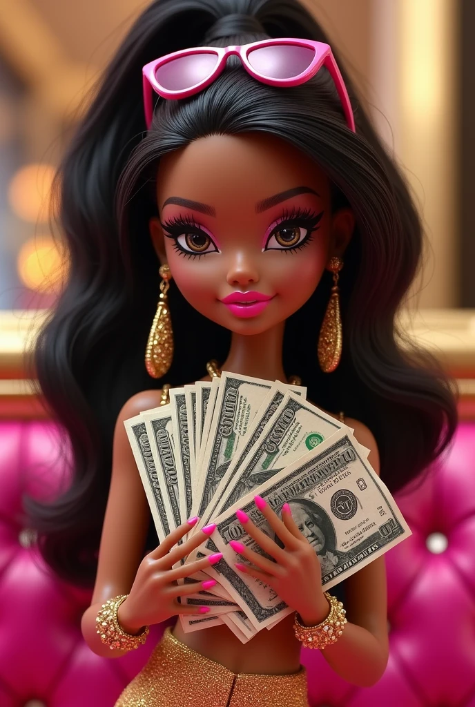 Generates a Bratz with long wavy black hair with brown eyes who is dressed in red and has dollars in her hands 