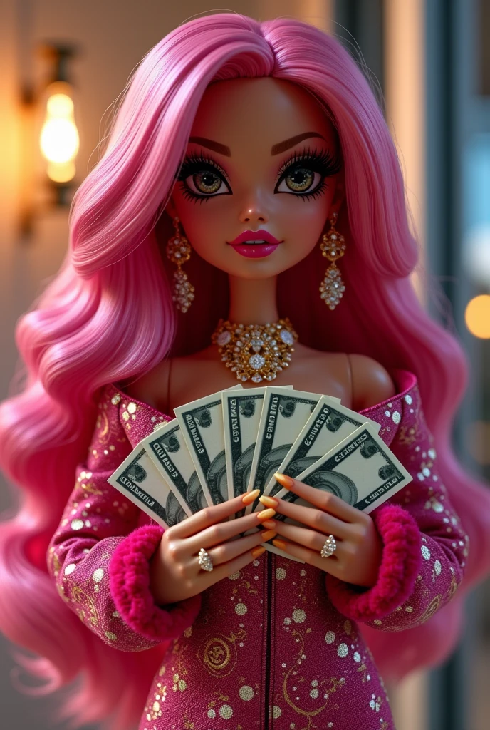 woman, pink hair, long hair, open forehead, no bangs, blue eyes, big breasts, black dress, short dress, elegant dress, sitting on a table, banknotes of money, money rain