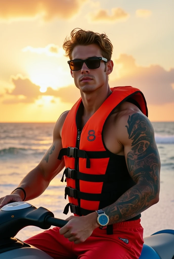 An 1 tattooed blond man on top of a jet ski posing