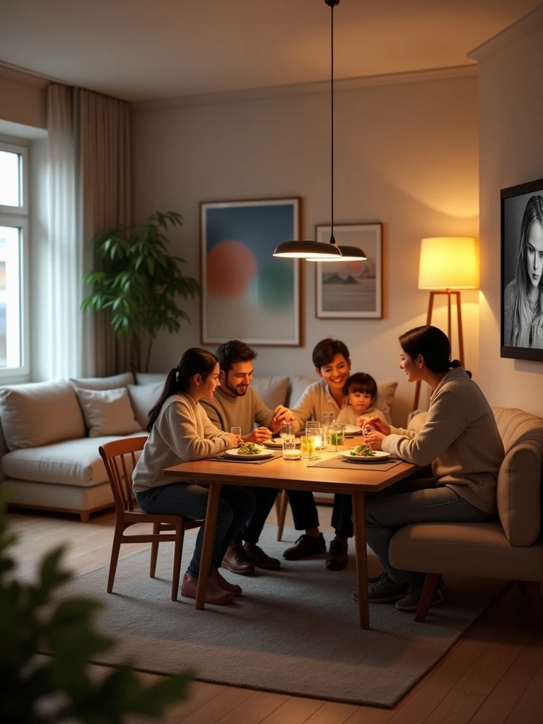 Sarah: A 2 nurse, David: Sarah's boyfriend, a 30-year-old, Emma: Sarah’s younger sister, 2, Tom: David’s childhood friend, 2, Rachel: Emma’s best friend, 2
The group of friends is gathered in Sarah and David's apartment, a cozy yet modern space that reflects their personalities—a mix of practical furniture and warm, inviting décor. They’re relaxing after a long week, with Sarah preparing snacks in the kitchen while the others sit around the living room, chatting and watching TV. It's a typical Friday night, with plans to watch a new movie, order takeout, and enjoy each other's company.