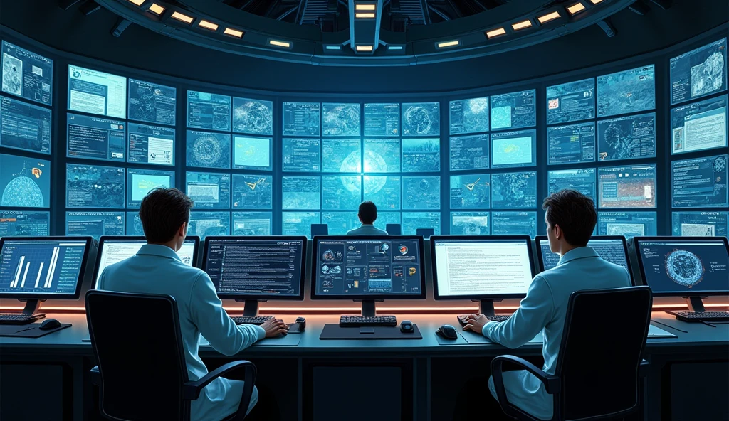 Control room, where scientists observe screens full of data
