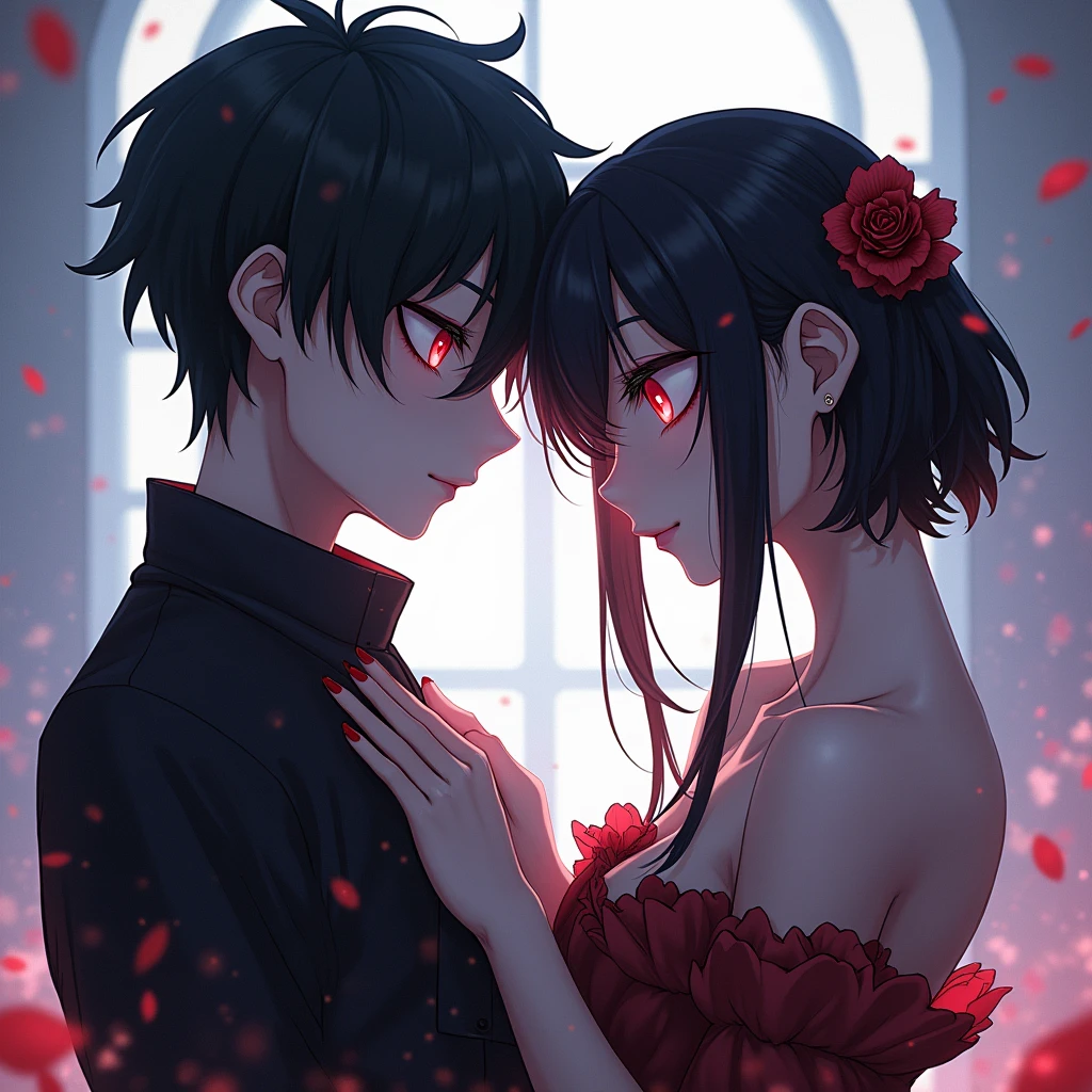 a beautiful woman, handsome man, couple, love, sensual, sexy, cute girl, empty eyes, red eyes, long black hair, hair over right eye, big breasts, short, shy, smile, black dress, handsome boy, Jujutsu Kaisen, Gojou Satoru, white hair, black blindfold, covered eyes, black shirt, flowers, butterflies, fantasy, magical, summer, (best quality,4k,8k,highres,masterpiece:1.2),ultra-detailed,HDR,UHD,studio lighting,sharp focus,extreme detail description,professional,vivid colors,bokeh,portraits