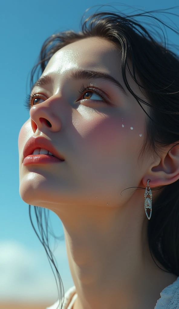 realistic image, 4K, woman looking at the sky, full of tears