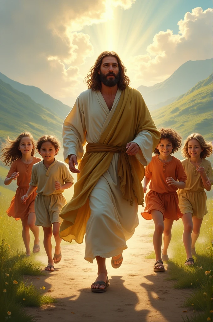 Jesus Christ walking with several children around him in an open field full of flowers and the sky full of stars in a very realistic and cinematic scene 