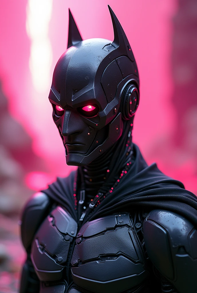 breathtaking cinematic science fiction photo of a portrait of a non human masked Grim dressed as a moonknight dressed as The batman with a male body with a well designed mask with glowing eyes knight with metal spikes in pink and pitch black metalskin, body full glowing metrics inside, glowing multicoloured eyes, multifaceted eyes, metallic arms, in a landscape full of glowing pink aura, extremely menacing creature, highly detailed, award-winning
