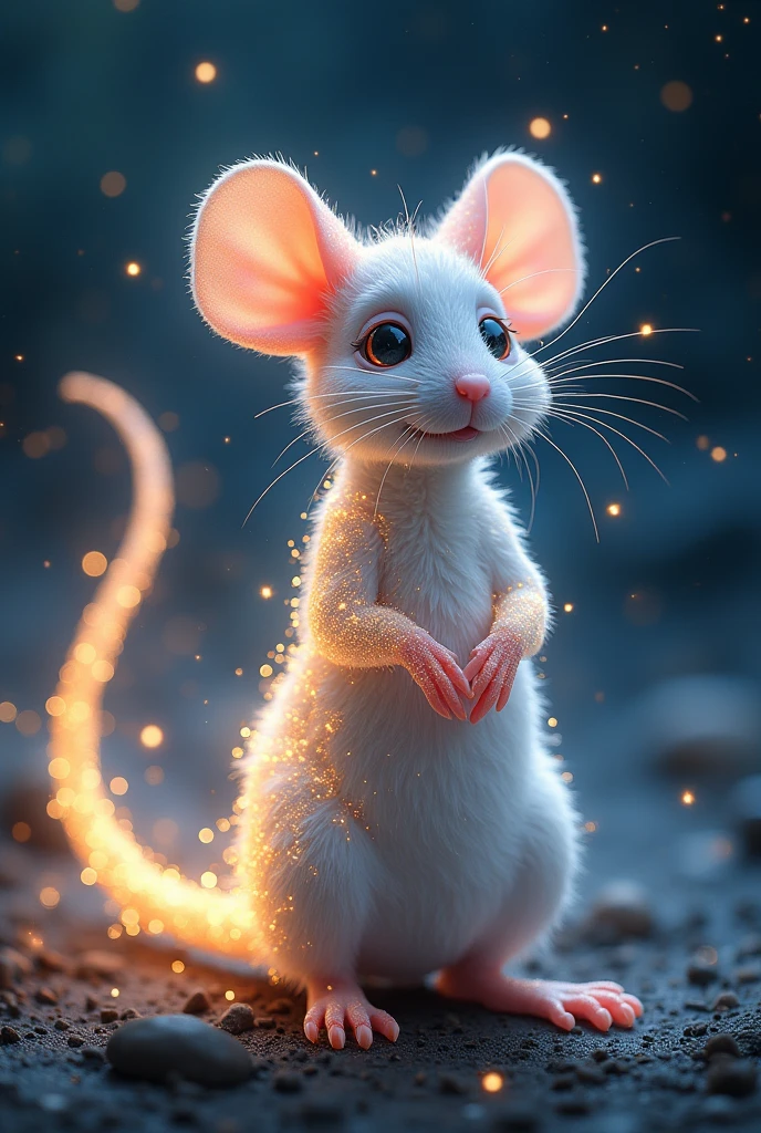a small white mouse with big ears, large eyes, very fluffy, running happily, standing alone, maroon_eyeballs, plein-air, giorno, Tree, human clothes, naturey, forst, beautiful lighting