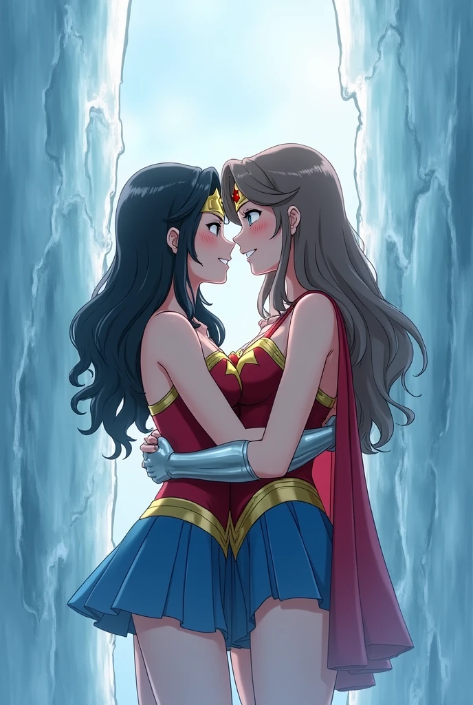 2 women kissing, cosplay, party, dressed as Wonder Woman and Supergirl, sensual, provocative, very erotic, yuri."