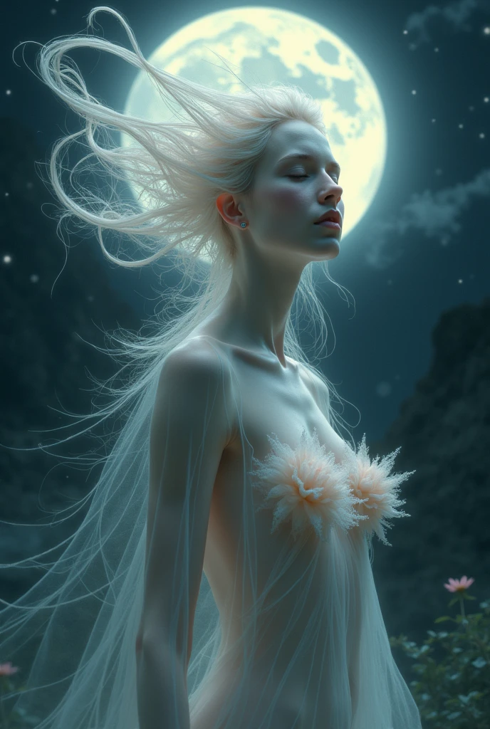 ok make a beautiful woman with Goddess appearance and there's difference moon as her crow then there's a cancer ♋ symbol on her shoulder, Makes sure she wears nothing and naked clother with Her big hotty Boobs and Very sexy body her body is glowing softly with Glitters naked