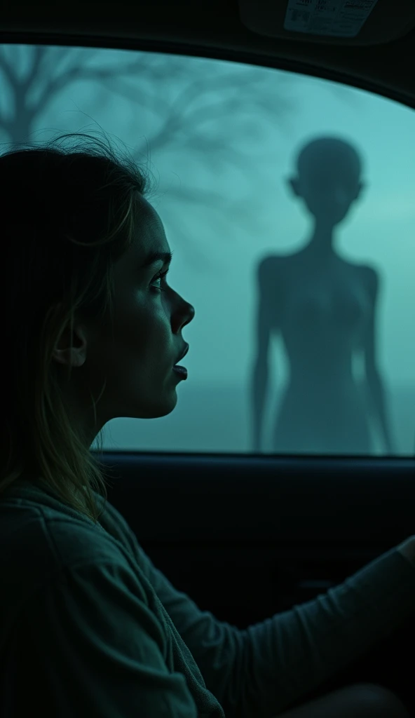 Bamboo forest, a confused and embarrassed nude woman (Kate Mara, age 25, panicked, nude, covering herself as best she can with her hands and arms) is in a spotlight being cast down on her from a hovering UFO, assorted clothes float down from the UFO. flapping in the wind, night
