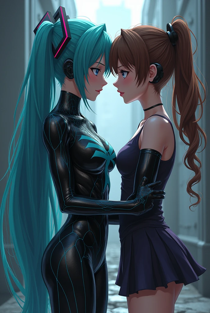 Two hot girls kissing, hot weather, Blonde girl wearing a blue crop top and green latex petticoat , Another wears a latex crop top 