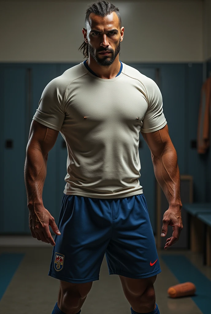 ((Highest quality, 8K, Masterpiece: 1.3))、Thailand Laos Burma Asia, Thai man, A handsome Asian rugby player with short hair, a muscular beard, and big muscles., 1A man who has、 yo、Good appearance、Beautiful nose、smile、 Detailed eyes and face、beautiful light、(studio)、high resolution、(Look at the viewer.)、Fine mouth、smile、whole body: 1.5, perfect shape: 1.3, Picture of both shoulders:1.3, Navy blue round neck t-shirt:1.5