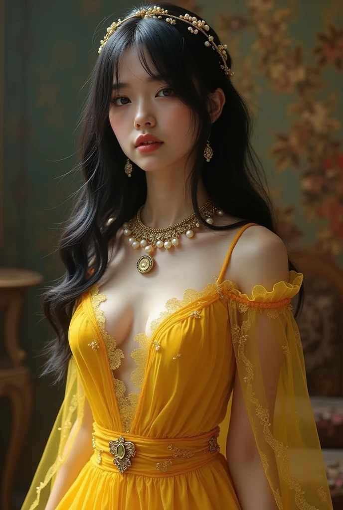 A girl in a rather gorgeous gold lace dress, the dress was embroidered with burning lotus flowers, and the goose-yellow cloak with intricate cloud patterns, she was only sixteen or seventeen years old, such a gorgeous dress, set off by a delicate and pretty face, On the contrary, it reveals a kind of incomprehensible romance, gigantic cleavage breasts