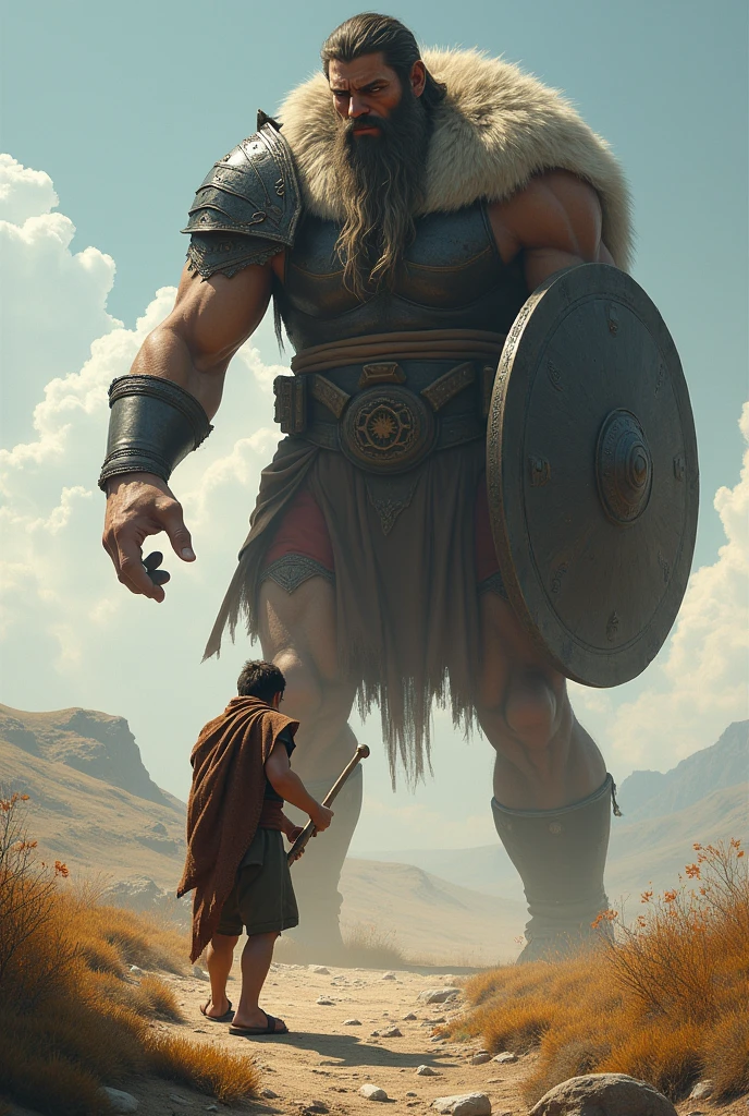 Red-haired David throwing a stone at Goliath