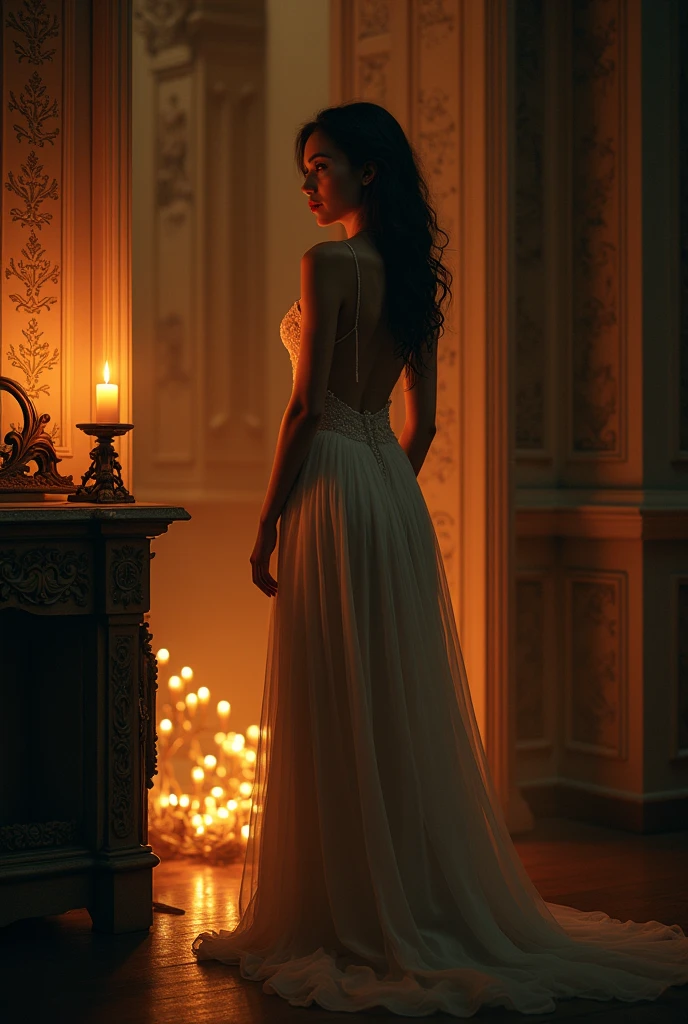 crie imagem de uma mulher vestida todo de preto estilo bata de batismo, In a mystical place surrounded by black and red candles, fazendo uma prece em uma estrada;