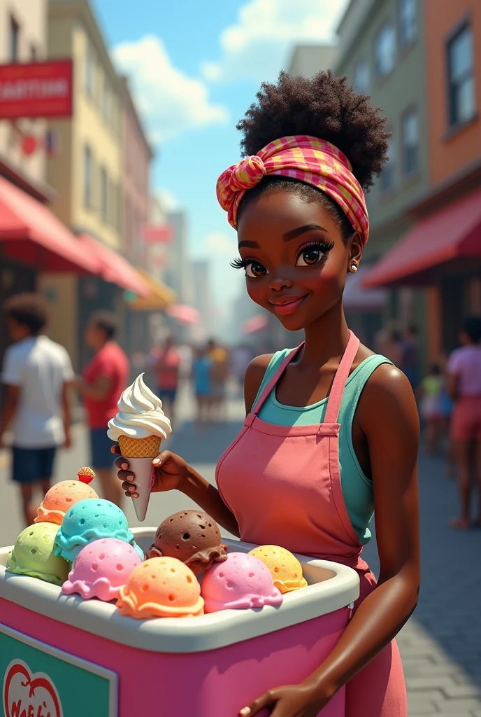 masterpiece upper body shot of a african woman with red hair and brown eyes, Boredom facial expression, Charming ice cream parlor with pastel colors and delicious sundaes, caustics, light rays, disney pixar anime, bloom, realisitic,