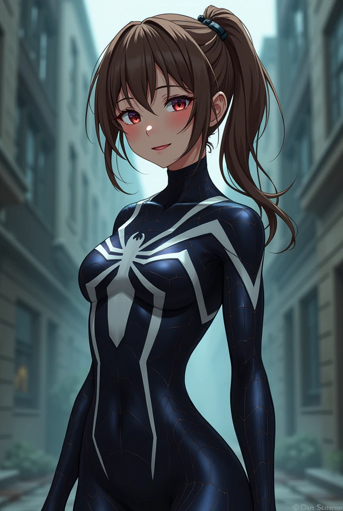 suzunehorikita, suzune horikita, black hair, braid, long hair, (purple eyes:1.1), in spiderman suit, in the city, best quality, high resolution, unity 8k wallpaper