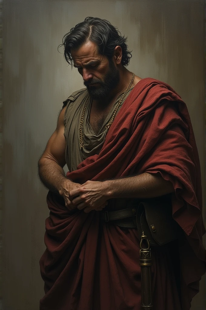 A male stoic philosopher with a well-proportioned and attractive physique, wearing classic tunics that drape slightly transparent over his body, subtly revealing parts of his shoulder. He stands in a dimly lit but not overly dark room, his expression a mix of shock and sorrow as he realizes the betrayal of a trusted friend. The friend's figure is partially visible in the background, with a look of regret but still holding a concealed dagger behind his back. The lighting is dramatic yet balanced, with soft shadows that highlight the stoic's face and the tension in the scene, but without overwhelming darkness. The background is minimalist, allowing the focus to remain on the emotional weight between the two characters, framed with a subtle vignette for a cinematic effect that is powerful yet viewer-friendly for YouTube. The scene is set in a vibrant, impressionist landscape with rich colors and dynamic brushstrokes, creating a sense of movement and emotion.