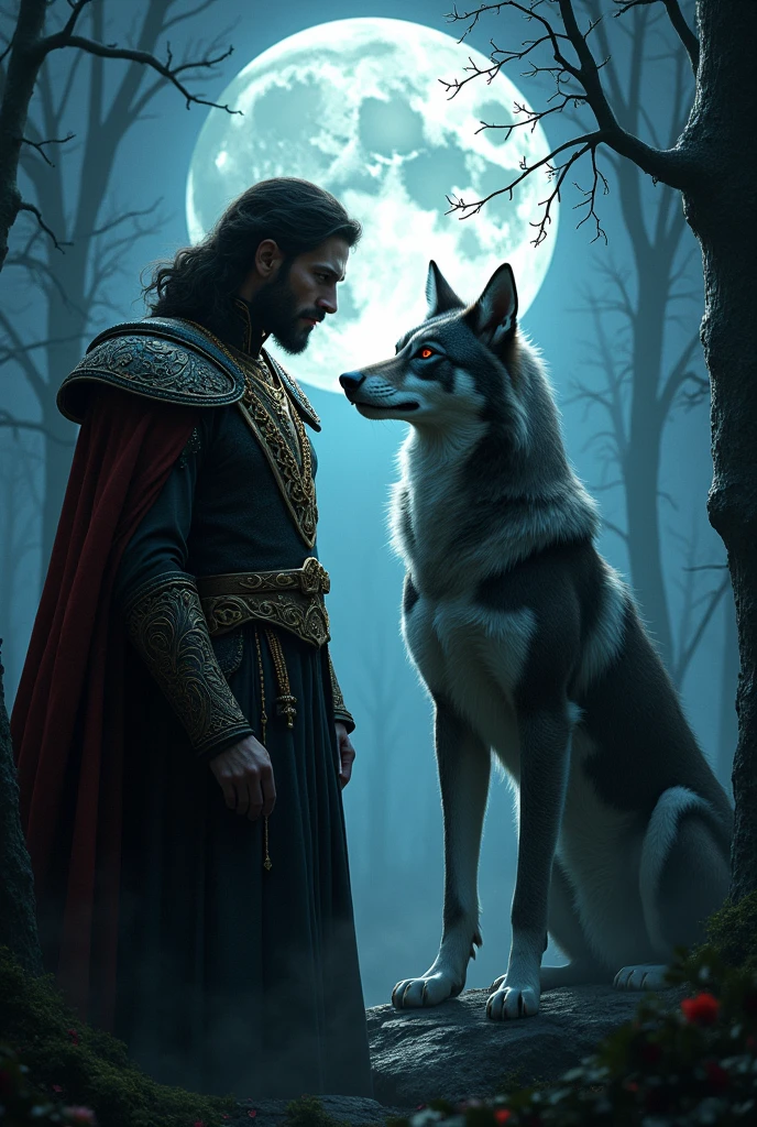 there is a man with a hairy body standing on the forest, at midnight, hairy chest and hairy body, curly long headhair,  latinoamerican skin, viking's long barbe, (38 years old), wiht a sword, fairly muscular, fit pic, full human body, masculine and strong, wizzard's suit arround a fire, side by side with a giant white wolf-