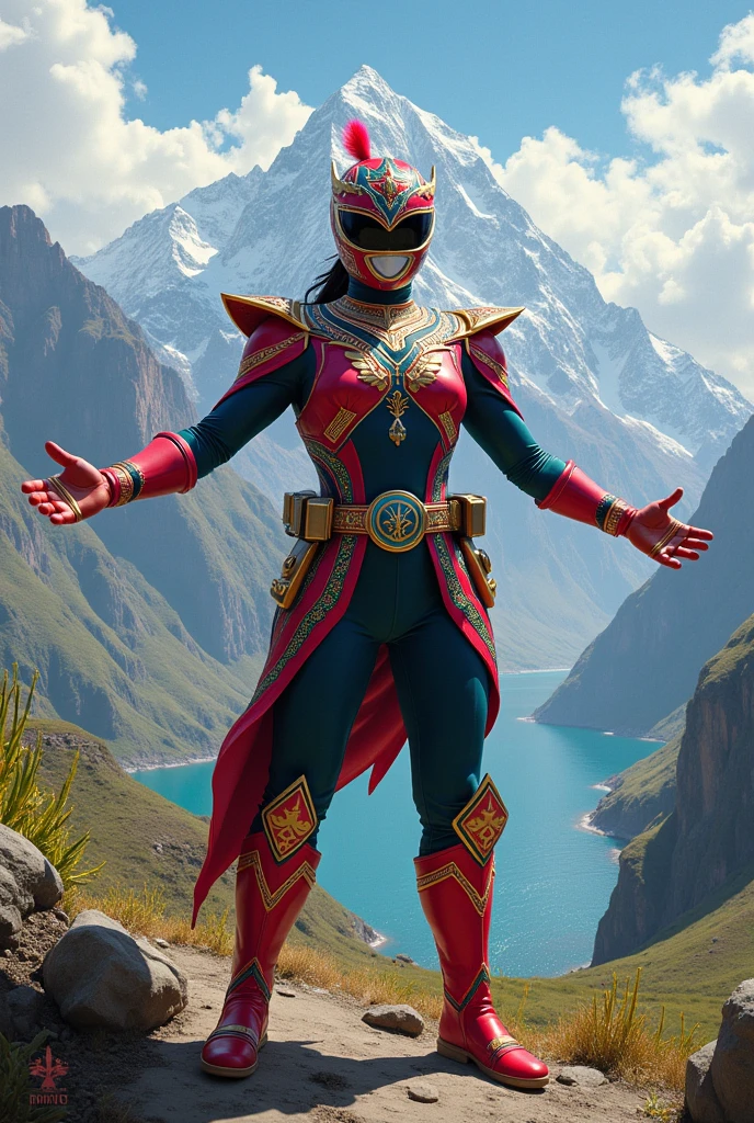 model shoot, (1 girl), Islamic warrior, red armor, pink hijab, hyper realistic, super detailed, Dynamic shot, masterpiece, scene sharp details, perfect eyes, perfect skin, perfect hands, fierce looking, mountains, battle field, seductive smiling