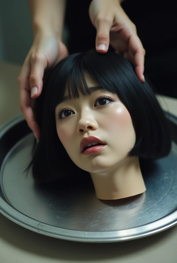 The high resolution photograph of a  young Japanese woman's disembodied head in a low pot on the table top, photo realistic, masterpiece, amazing quality, intricate details, professional lighting, close-up of her head, face focus, black hair with thick blunt bangs, expressionless on her face, saliva, drooling, detailed face, detailed eyes, sophisticated nose, indoors, bright room, daylight,