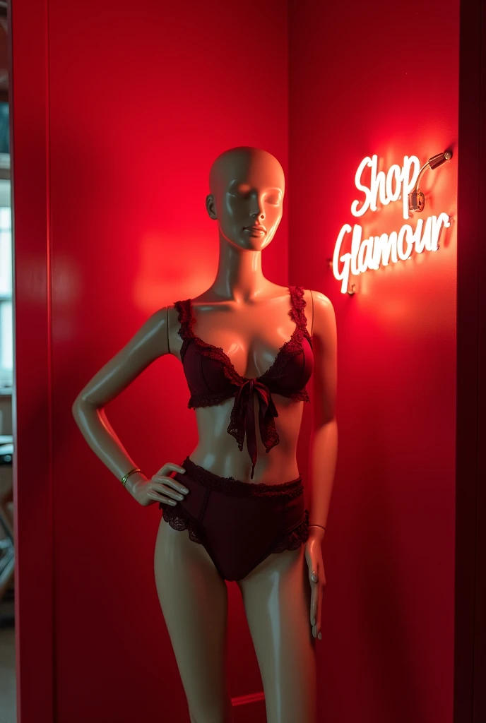 Muscular masculine hunk man with very short hair, in girly lingerie, stockings, padded bra, extreme high heels ,putting lipstick on, and fake eyelashes