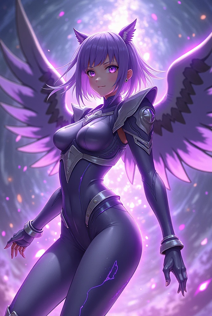 Allalyn in a shiny purple suit standing on the floor, latex shiny, Wearing Kudo Tsuko latex suit, wearing a tight suit, smooth的紫色皮肤, Purple body, shiny metallic skin, shiny plastic, Futuristic glossy latex suit, shiny plastic armor, shiny skin, body-hugging suit, wearing latex, shiny and metallic, glowing purple, smooth,Cloak, exoskeleton