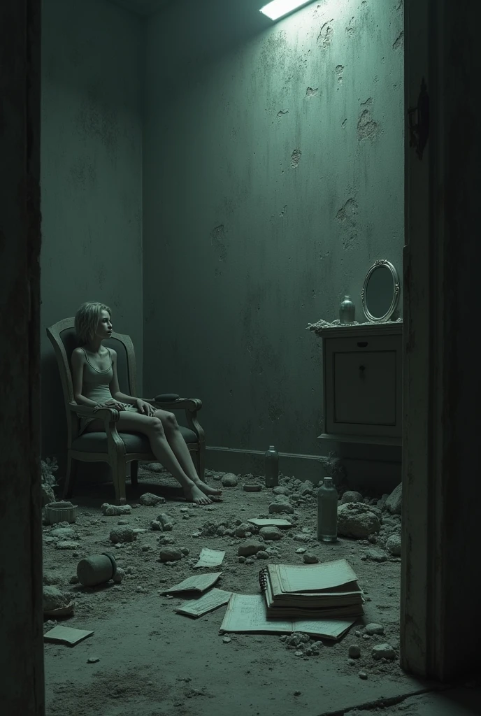 A dark and decadent room, with dirty and cracked walls, illuminated only by a flickering lamp attached to the ceiling. In the center of the room, there is an old and dilapidated wooden chair, with strips of torn leather hanging from its arms, suggesting that someone or something has been held captive there. On the dusty floor, Around the chair, there are strange symbols and rituals drawn with a red substance that looks like blood. In the shadows at the back, a gaunt and deformed figure hides, with long arms and sharp claw-like fingers, partially visible in the dim light. Its bright eyes reflect a deep despair, and its heavy breathing is the only thing that breaks the deathly silence. On the wall beside, there is an old and broken mirror, with distorted reflections that do not correspond to what is in the room, as if showing an alternate reality or a malevolent presence trapped on the other side. The atmosphere is claustrophobic, laden with tension, as if the room itself were alive and waiting to attack.