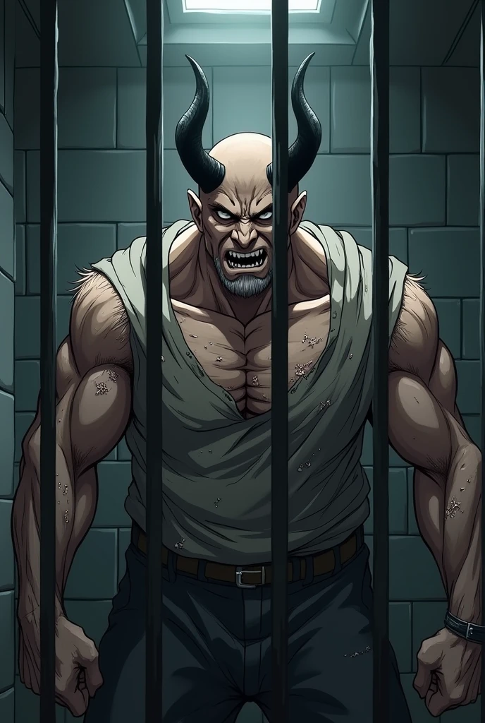, Handsome muscular shirtless bald bearded man with tattoos laughing gagged with a ball gag,hands above head tied up, open eyes, crazed expression, teary eyes, armpits tickled by hands, ribs tickled by hands, oiled skin, dungeon background