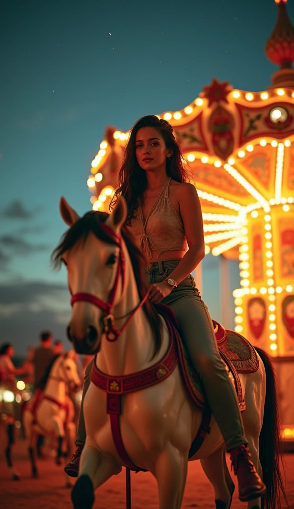 beautiful and voluptuous woman, riding a magical carousel full of colors and colorful mists, on a night of enchantment, 