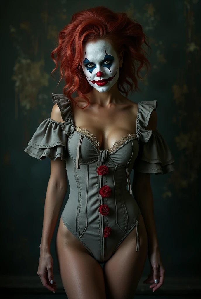 A young beautiful woman is posing in a mini skirt and bra, she is flirting, in a red room decorated with weapons, she is looking over her shoulder towards the viewer, seductive, wide hips, slim waist, bright blue eyes, 8k, war face paint, best quality, detailed face, bright red hair, white skin, big butt, curvy, white skin, wide muscular back and slim waist, she is looking over her shoulder towards the viewer, a smirk, long ginger hair, very white skin, very beautiful, she is sensual, blushing, curly hair, horny, straight ginger hair, huge butt, warrior face paint, red lipstick, hourglass figure, wide hips, wide hips skinny waist, blushing, hourglass figure, sexy, fitness model, sexy body, thick thighs, sweaty, very big butt, huge round butt, a very short mini skirt