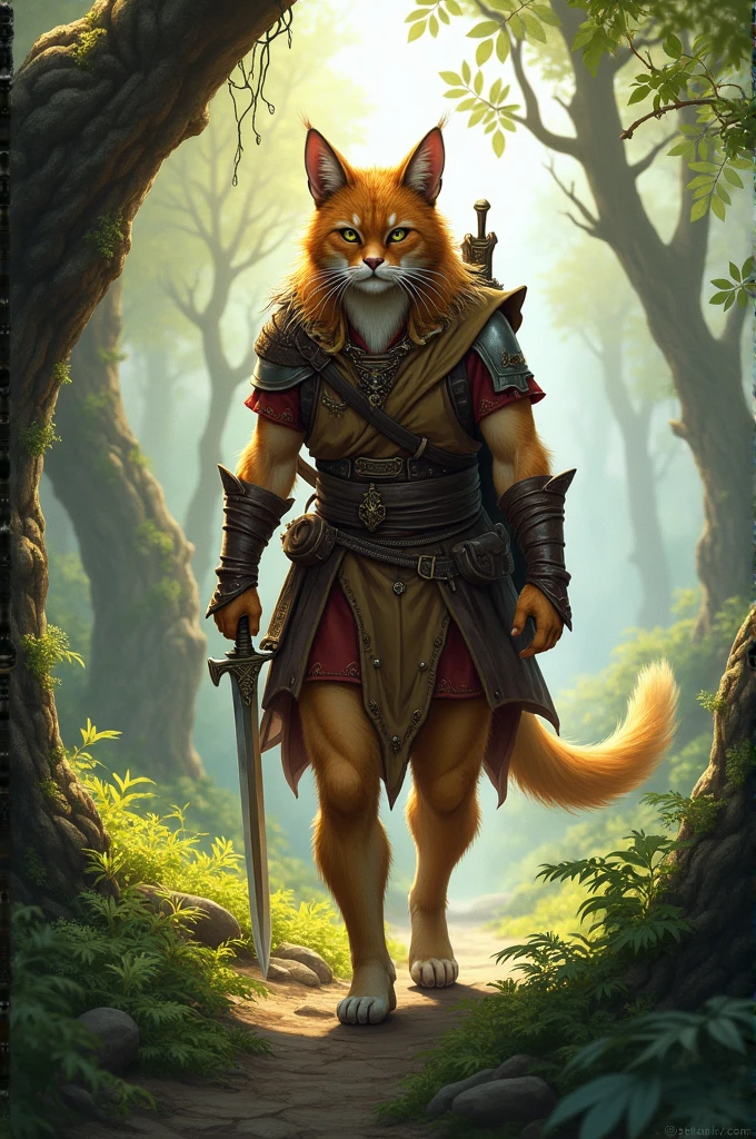 I want you to make an image of a humanoid feline holding a large shield in its right hand