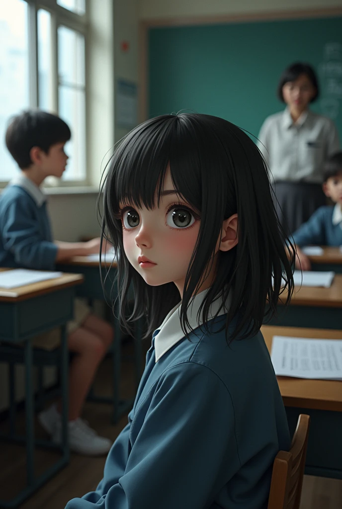Generate the image: Background of a school classroom, with students and teacher, Personagens: a young adult, uniform, DISHEVELED BLACK HAIR, below the shoulders, with bangs, eyes black, with freckles on his face, and very white, sitting on the floor. chair turned towards the chair behind it. in the back seat, a young adult with light brown hair, clear and uniform eyes, smiling and looking at the . Hyper-realistic design, studio lighting