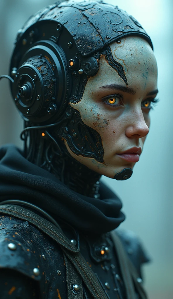 cyborg style, photo realistic, ultra details, natural light ultra detailed portrait of a female necromancer cyborg,  robot skeleton, cybernetic face volumetric fog, Hyperrealism, breathtaking, ultra realistic, ultra detailed, cyber background, cinematic lighting, highly detailed, breathtaking, photography, stunning environment, wide-angle  