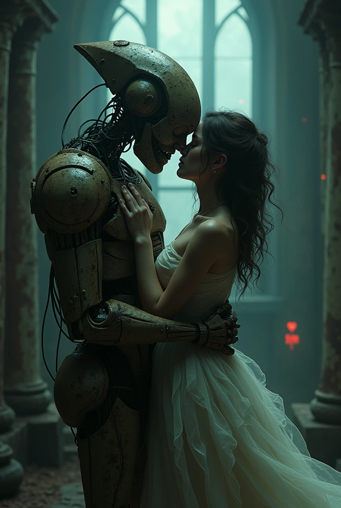 a herd of steampunk zombies going to attack an android and a young human girl, They both look scared and hug each other