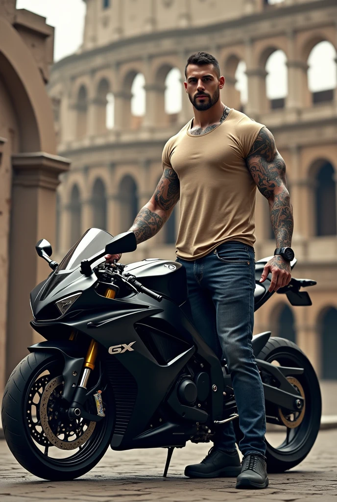 Un jeune homme musclé avec des veines qui ressortent. Il à un visage carré, d'origine iranien, et orte une grosse barbe. Son tein est halé. Il a des cheveux rasés courts et foncés. Ses yeux sont verts clairs et il fixe directement l'objectif de manière sexy. Il est torse nu, avec un jean, Il est debout à côté de sa moto ducati rouge, au milieu d'une route déserte, dans la nuit. Il porte une casquette à l'envers et tient son casque full black dans une main.