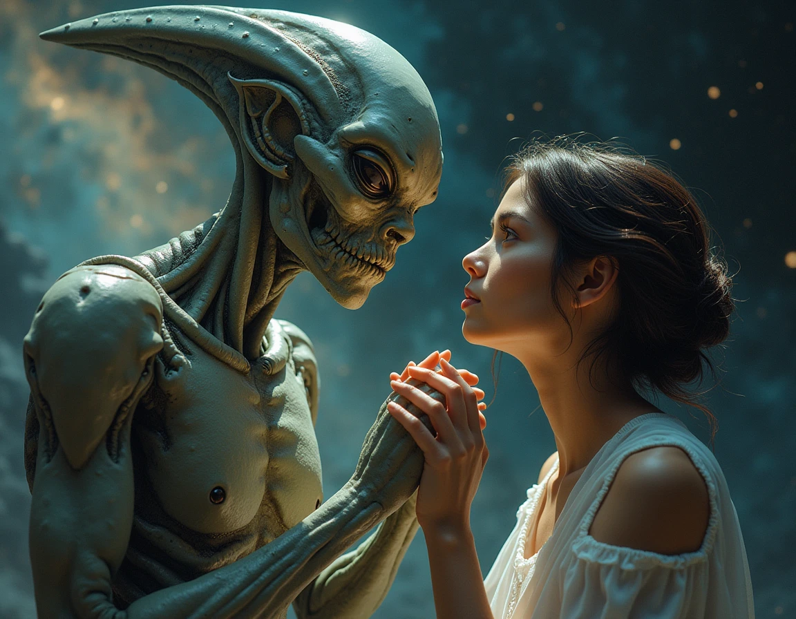 Alien abducting a human, that their faces can be seen but in a good way, not a gloomy way