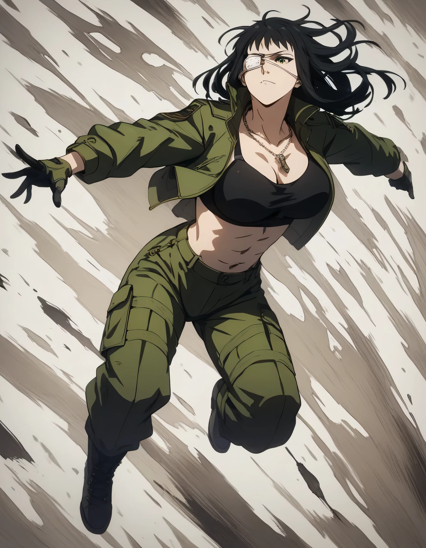 score_9, score_8_up, score_7_up,score_6_up,high resolution,source_anime,s0fiavalm3t,1girl,eyepatch,black hair,long hair,full body,dynamic pose,,pov,suspended in air, black sport bra,tall leather green jacket,military  brown trousers,black boots,military necklace,gloves,in military base,fighting pose 