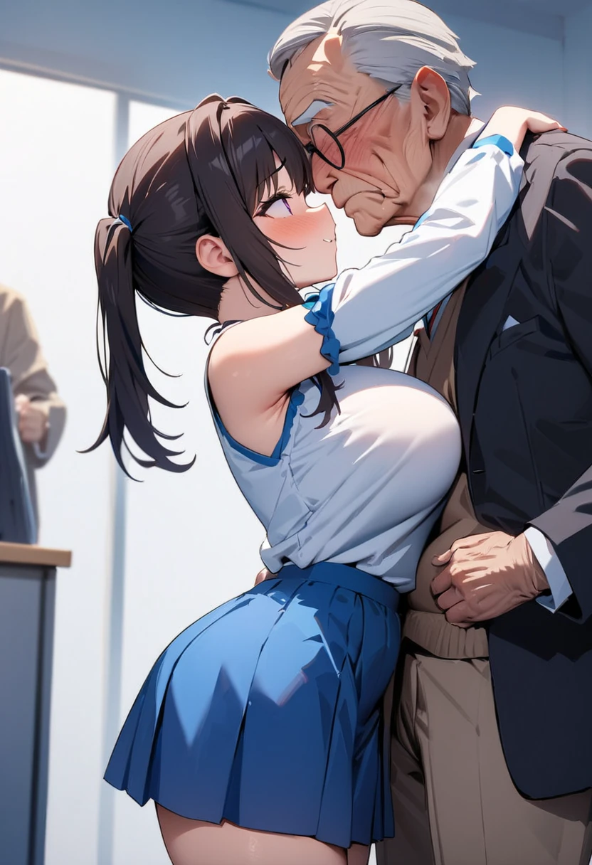 best quality,1girl,1man,((big breasts:1.5)),((((((10歳,li:1.5)))))),curvy,((orgasm,blush,saliva,saliva trail,sweat:1.3)),angry,blue eyes,((black hair,short hair,twintail,wavy hair,messy hair,volumey hair:1.3)),blue ribbon,hair ribbon,((white tank top,layered skirt,blue skirt,mini skirt,lift skirt,upskirt,lace panties,white panties,white kneehighs:1.1)),((see through,train:1.1)),Standing,French Kiss,hug,((fat man in suit:1.3)),from behind,