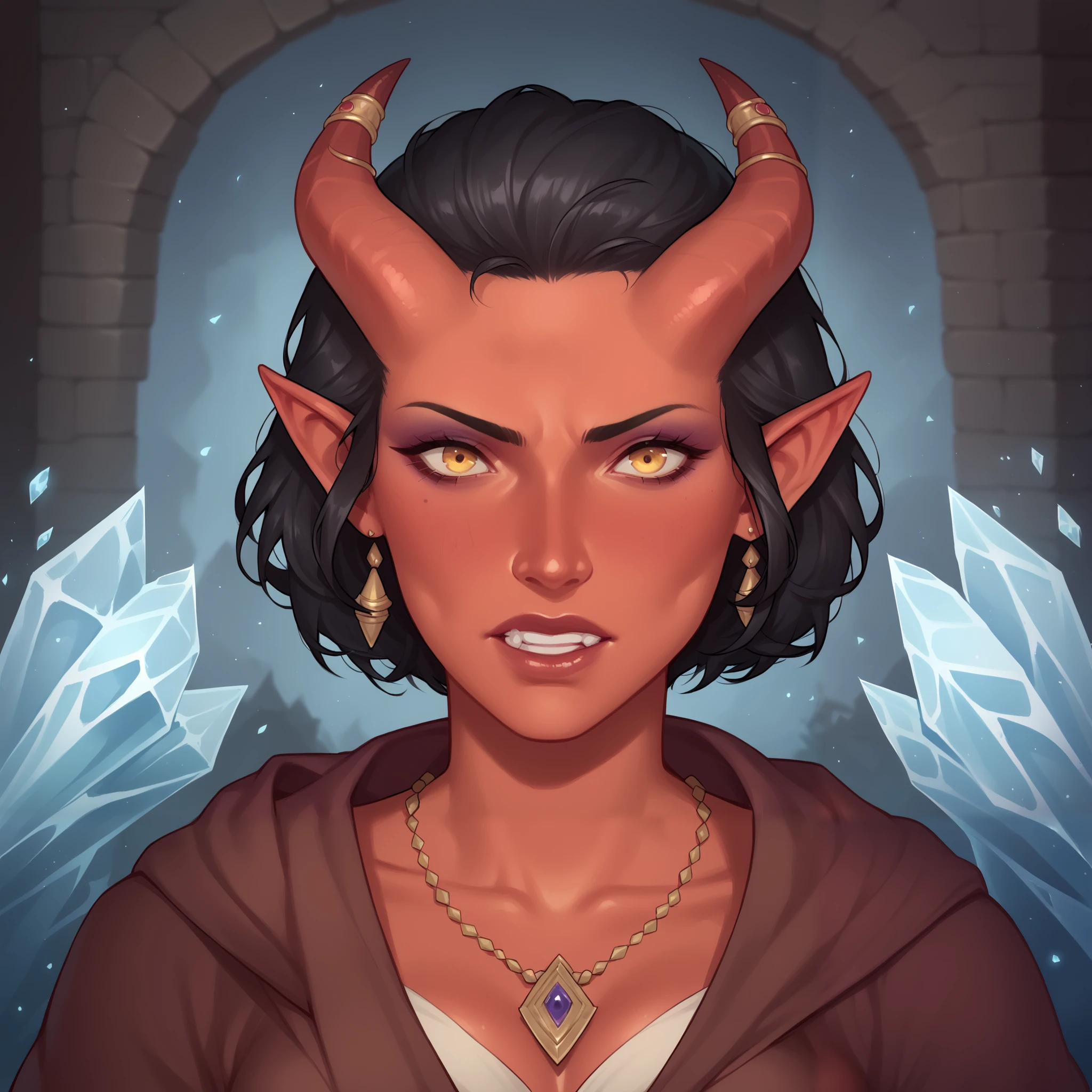 (((beautiful, high quality, comics style, detailed face))), score_9, score_8_up, score_7_up, BREAK, 1beautiful female gypsy, Tiefling, pointed ears, horns, red skin, makeup, black hair, short hair, medium breast, ((jewelry)), wearing intricate clothes, shawl, hood, ((casting spell, ice, beam, two handed, kamehameha)), gritted teeth, female focus, solo:1.4, portrait, upper body, portrait, looking at the viewer, ruined battlefield background, fantasy, blurred background, Expressiveh, detailxl